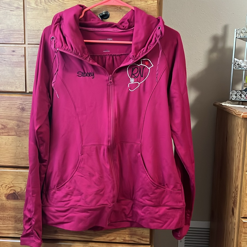 Zip up jacket, personalized with stethoscope & “RN” and “Stacey”